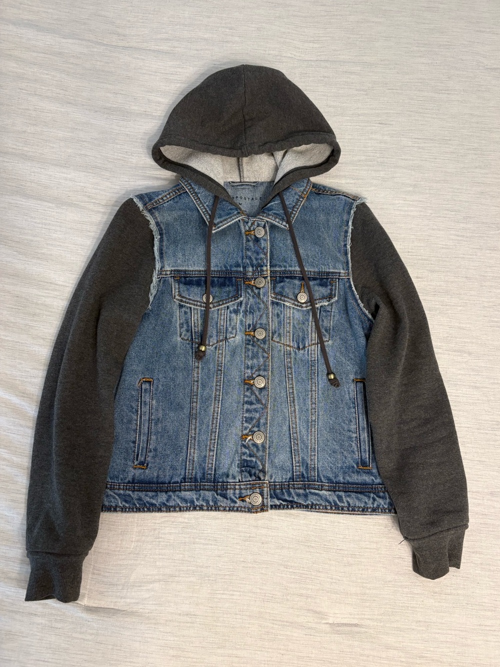 Aeropostale Hooded Denim Jacket | Women's Size Medium in Dark Grey